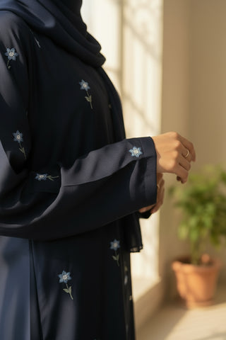 Rosy Night navy blue Abaya | Embroidery Front-Open