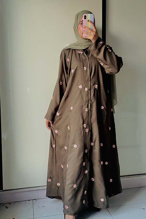 Rosy Night Olive-Green Abaya | Embroidery Front-Open