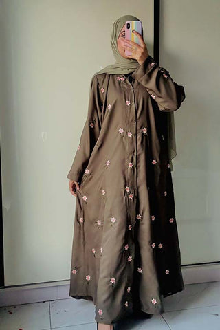 Rosy Night Olive-Green Abaya | Embroidery Front-Open