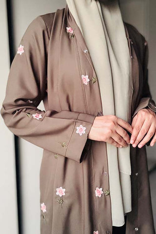 Rosy Night Olive-Green Abaya | Embroidery Front-Open
