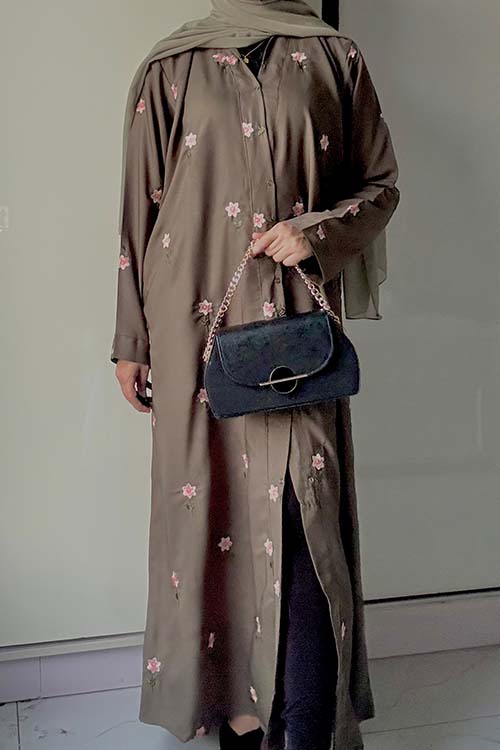 Rosy Night Olive-Green Abaya | Embroidery Front-Open