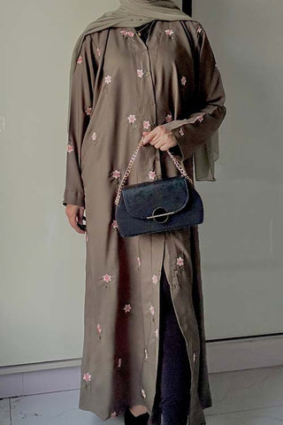 Rosy Night Olive-Green Abaya | Embroidery Front-Open
