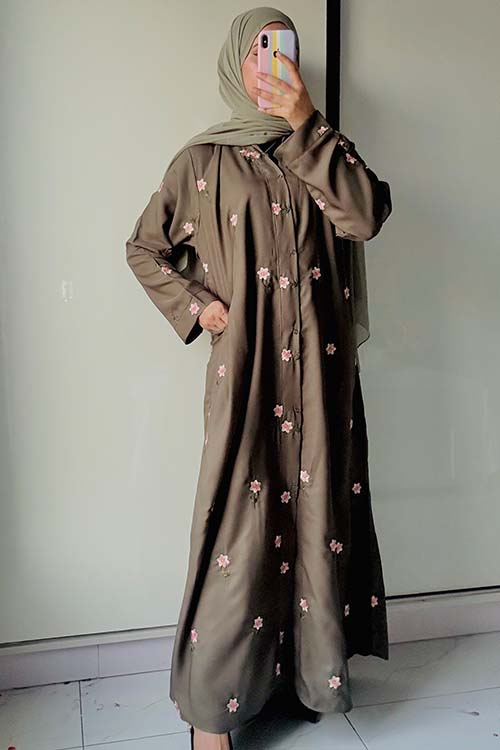 Rosy Night Olive-Green Abaya | Embroidery Front-Open
