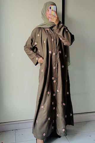 Rosy Night Olive-Green Abaya | Embroidery Front-Open