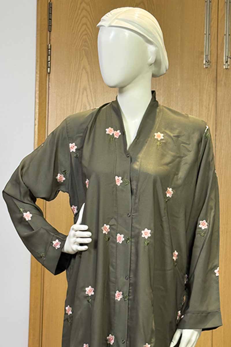 Rosy Night Olive-Green Abaya | Embroidery Front-Open