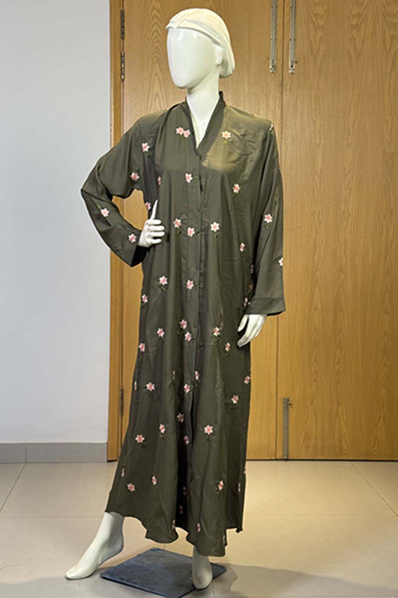 Rosy Night Olive-Green Abaya | Embroidery Front-Open