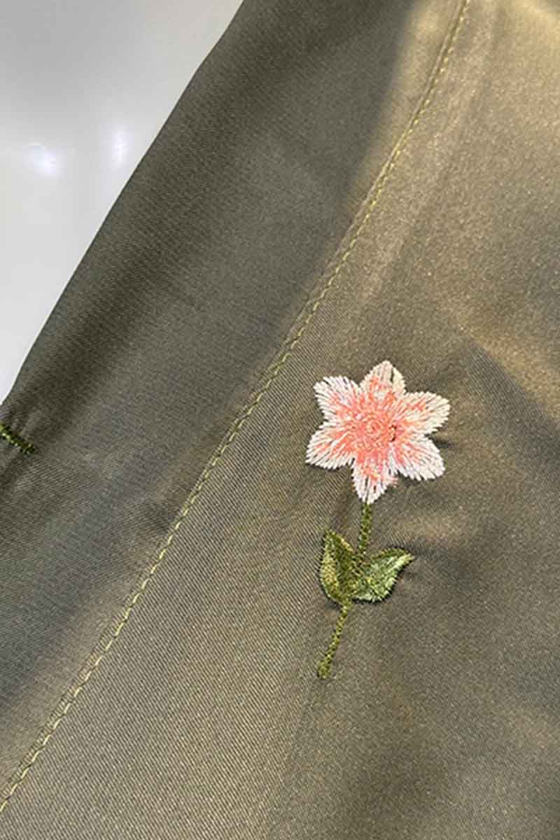 Rosy Night Olive-Green Abaya | Embroidery Front-Open