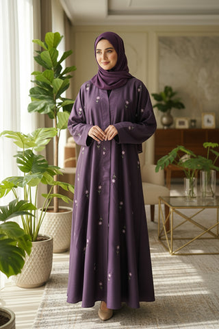 Rosy Night Purple Abaya | Embroidery Front-Open