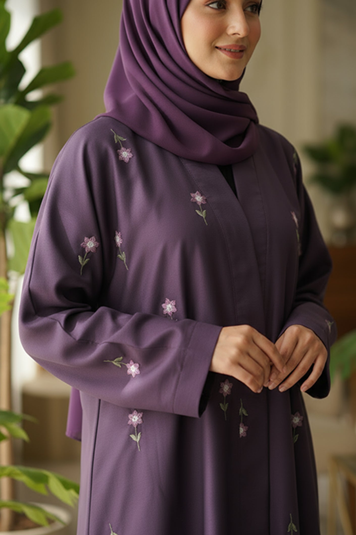 Rosy Night Purple Abaya | Embroidery Front-Open