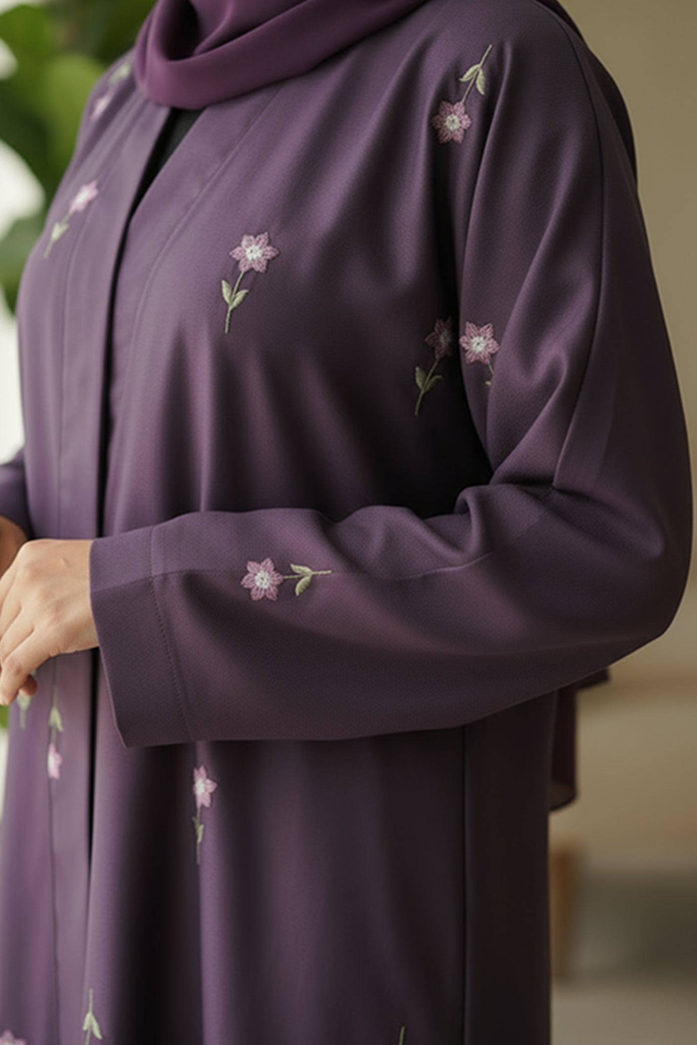 Rosy Night Purple Abaya | Embroidery Front-Open