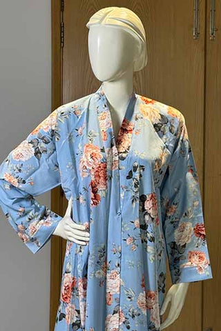 Silk Floral Powder Blue Abaya | Printed Front-Open