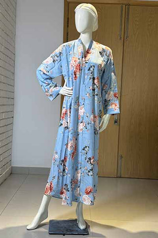 Silk Floral Powder Blue Abaya | Printed Front-Open