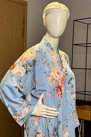 Silk Floral Powder Blue Abaya | Printed Front-Open