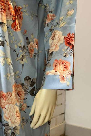 Silk Floral Powder Blue Abaya | Printed Front-Open