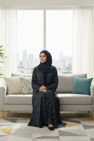 Floral Breeze Charcoal Abaya | Printed Front-Open