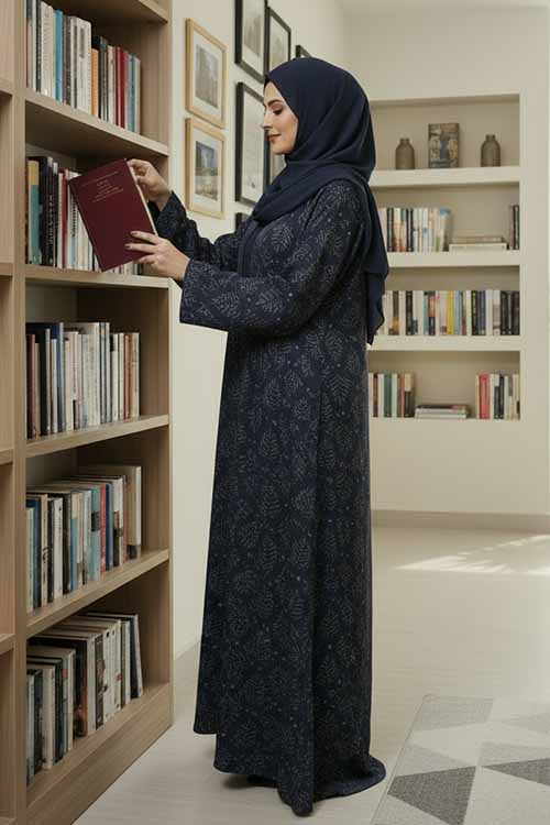 Floral Breeze Charcoal Abaya | Printed Front-Open