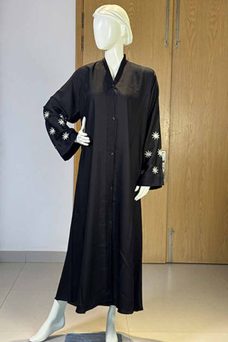 Star Bloom Black Abaya | Embroidery Front-Open