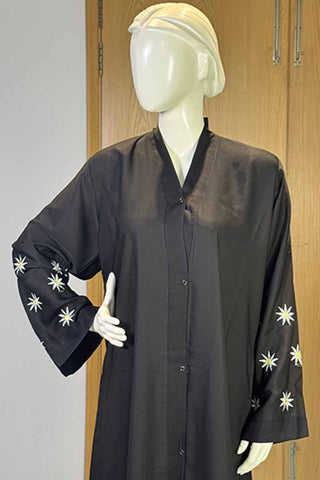 Star Bloom Black Abaya | Embroidery Front-Open