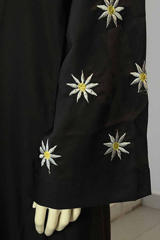 Star Bloom Black Abaya | Embroidery Front-Open