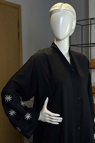 Star Bloom Black Abaya | Embroidery Front-Open