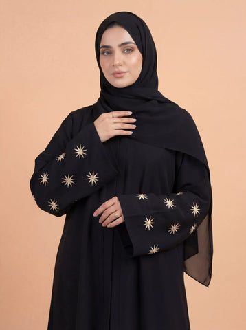 Star Bloom Black Abaya | Embroidery Front-Open