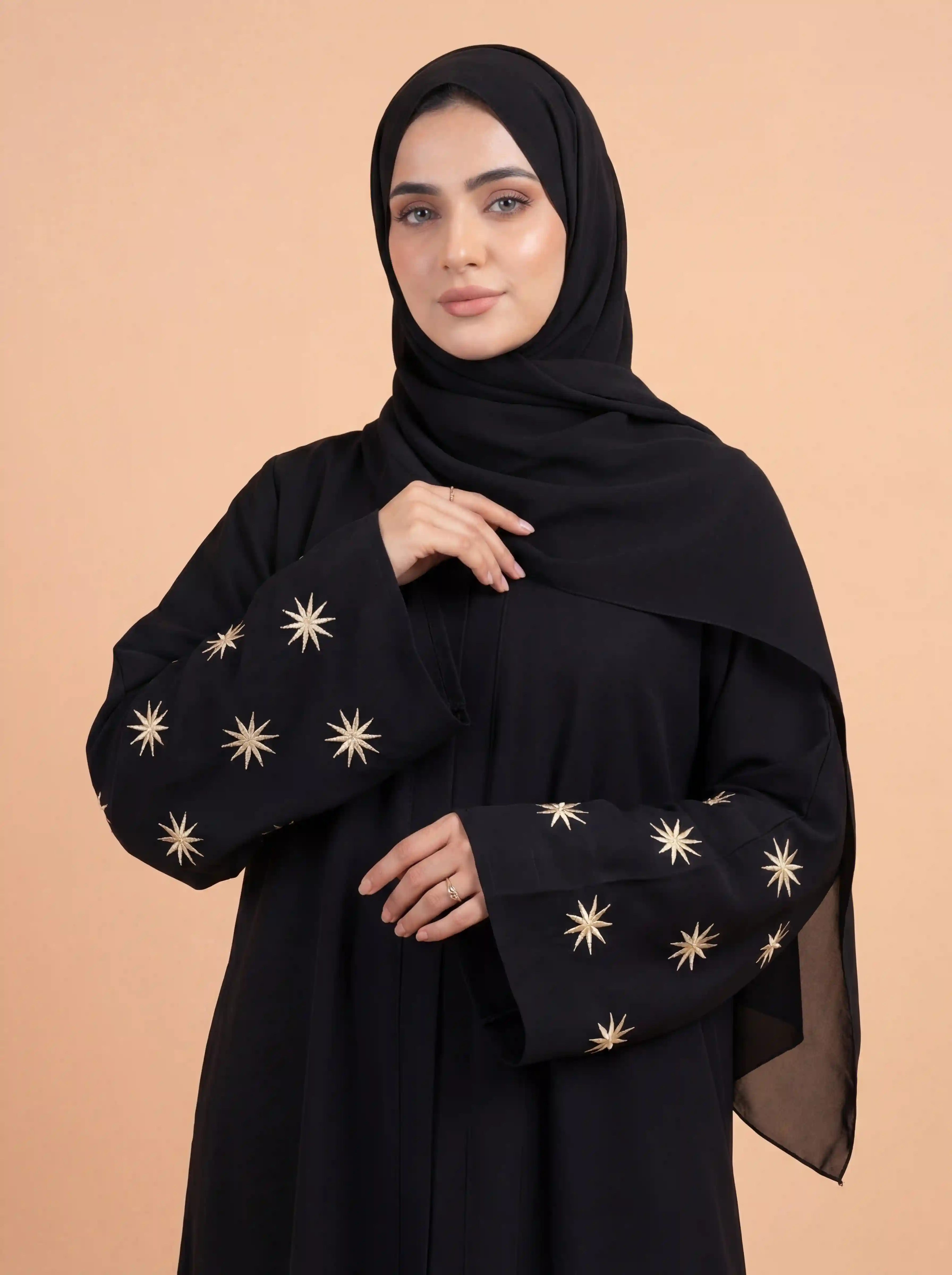 Star Bloom Black Abaya | Embroidery Front-Open