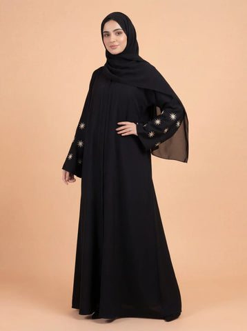 Star Bloom Black Abaya | Embroidery Front-Open