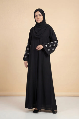 Moon Flower Black Abaya | Embroidery Front-open
