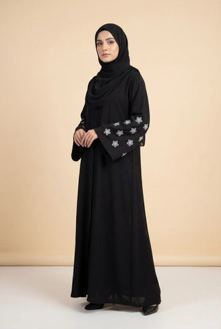 Moon Flower Black Abaya | Embroidery Front-open