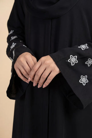 Moon Flower Black Abaya | Embroidery Front-open