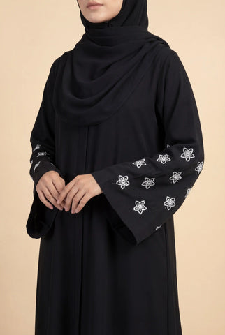 Moon Flower Black Abaya | Embroidery Front-open