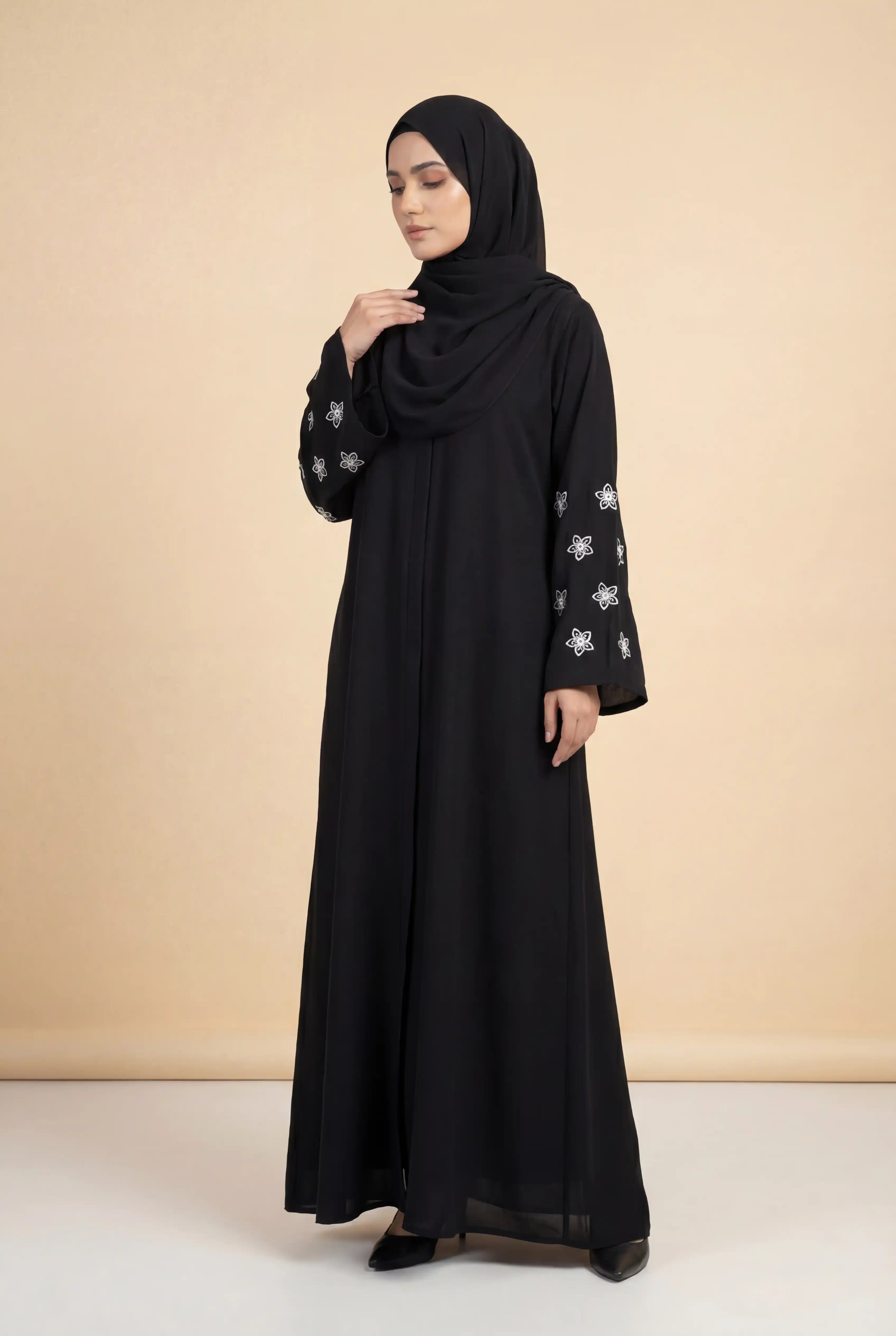 Moon Flower Black Abaya | Embroidery Front-open