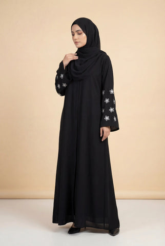 Moon Flower Black Abaya | Embroidery Front-open