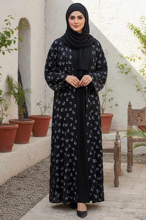 Velvet Flora Black Abaya | Printed Front-Open