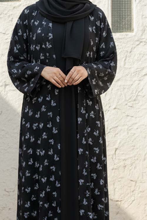Velvet Flora Black Abaya | Printed Front-Open