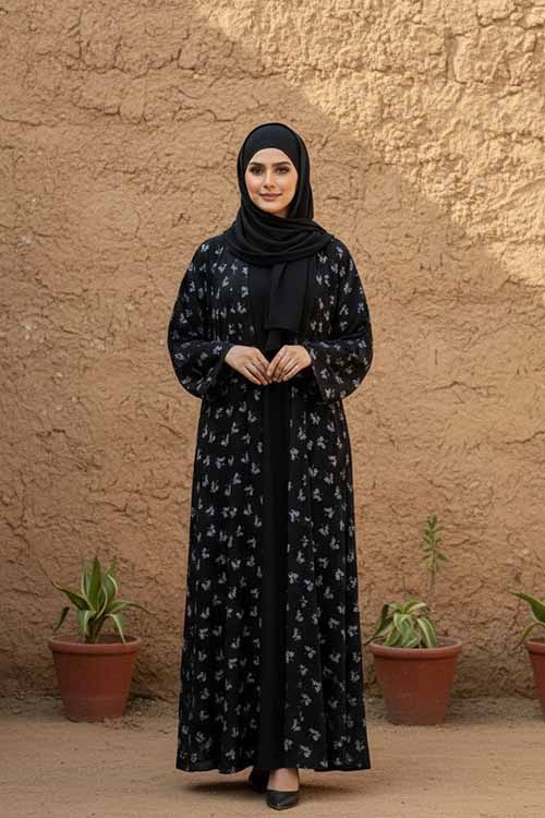 Velvet Flora Black Abaya | Printed Front-Open