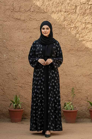 Velvet Flora Black Abaya | Printed Front-Open