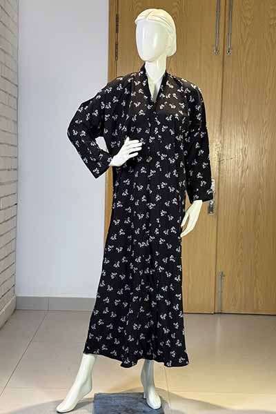 Velvet Flora Black Abaya | Printed Front-Open