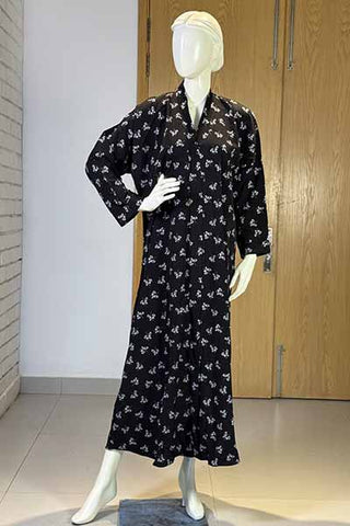Velvet Flora Black Abaya | Printed Front-Open
