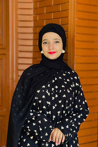 White Qalb Black Abaya | Printed Front-Open