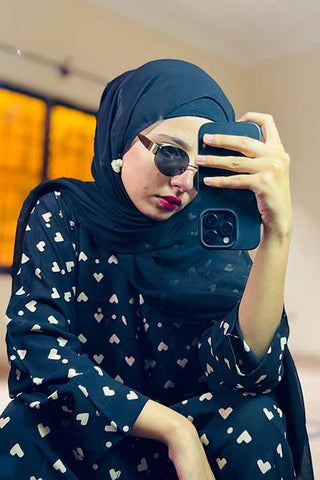 White Qalb Black Abaya | Printed Front-Open