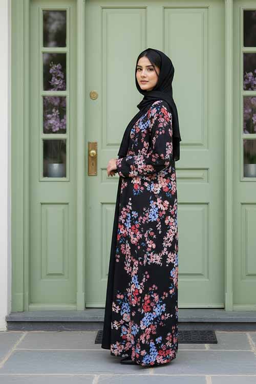 Yasmeen Floral Black Abaya | Printed Front-Open
